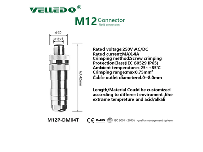 M12 D-Code 4pin Male Straight Round Connector with Shielded
