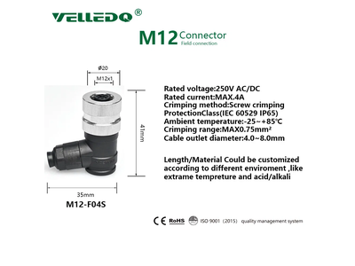 M12 Round Connector 4 Pin Female Right Angle Plug Connector