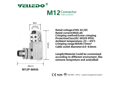 M12 Sensor Connector 4 Pin Male Right Angle with Shield