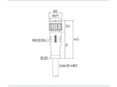 M12 T-Code 4pin (3+PE) Female Straight Connector, Molded with 4X16AWG Cable