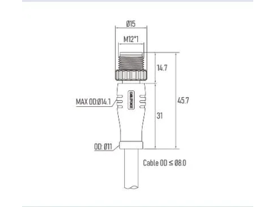 M12 T-Code 4pin (3+PE) Male Straight Connector, Molded with 4X16AWG Cable