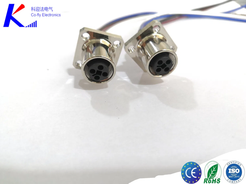 T Code M12 4pin Female Square Flange Socket Connector with Wire Length 250mm